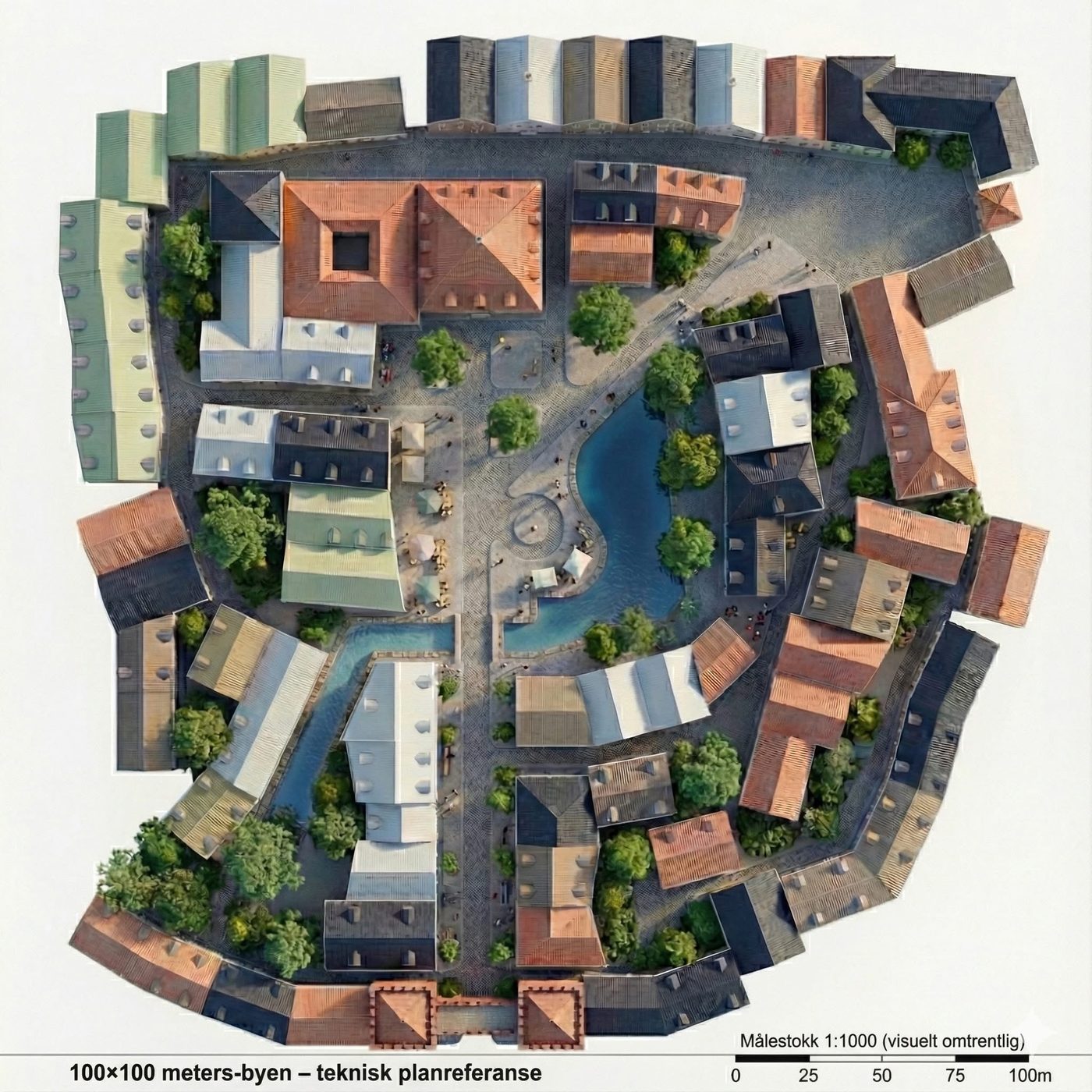 Fugleperspektiv av 100 × 100-metersbyen: teknisk planreferanse i målestokk 1:1000 med småskala bebyggelse, torg, kanaler og grønne rom
